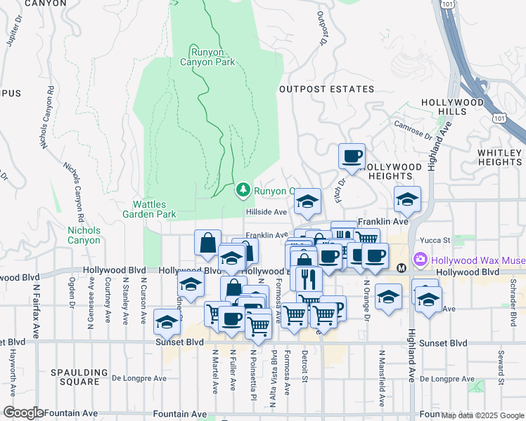 map of restaurants, bars, coffee shops, grocery stores, and more near 1841 North Fuller Avenue in Los Angeles