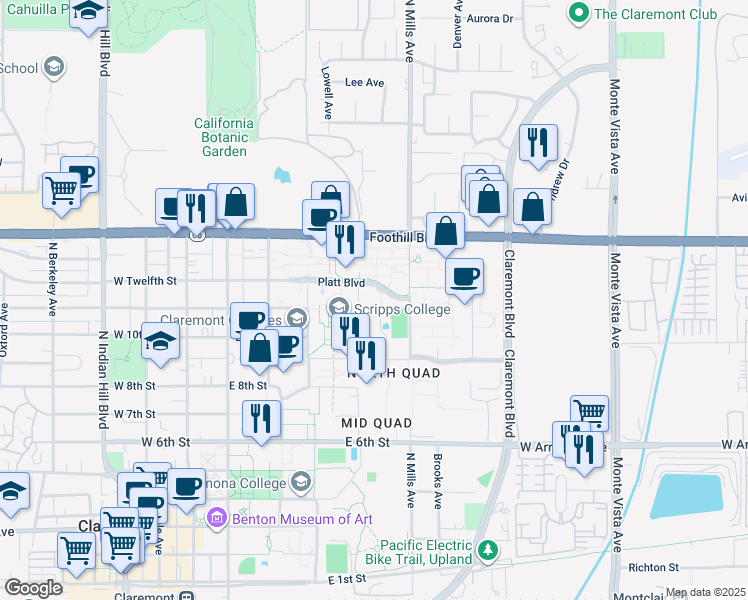 map of restaurants, bars, coffee shops, grocery stores, and more near 400 Platt Boulevard in Claremont