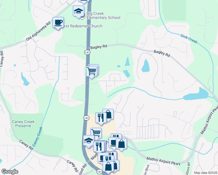 map of restaurants, bars, coffee shops, grocery stores, and more near 2580 Wentwood Court in Cumming