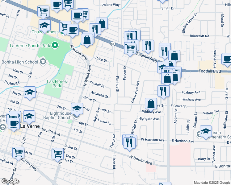 map of restaurants, bars, coffee shops, grocery stores, and more near 3149 Florinda Street in Pomona