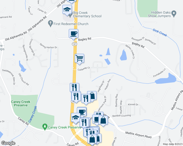 map of restaurants, bars, coffee shops, grocery stores, and more near 2510 Thackery Court in Cumming
