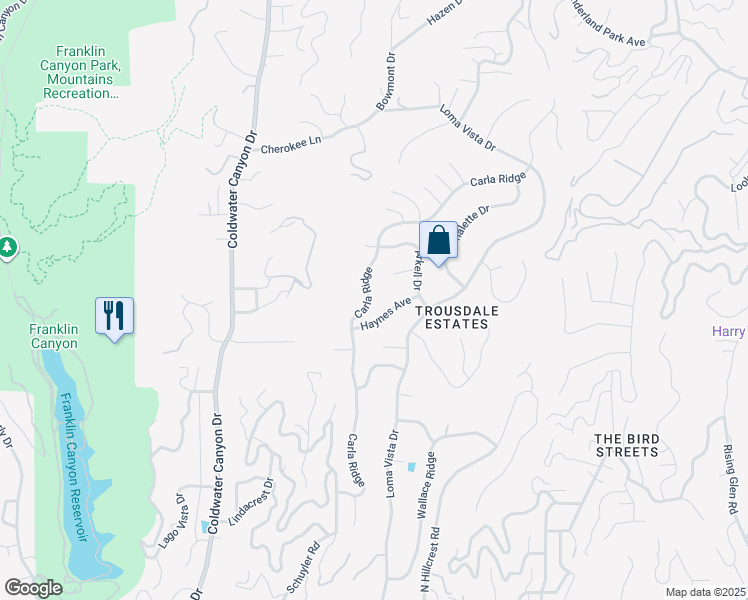 map of restaurants, bars, coffee shops, grocery stores, and more near 1610 Carla Ridge in Beverly Hills