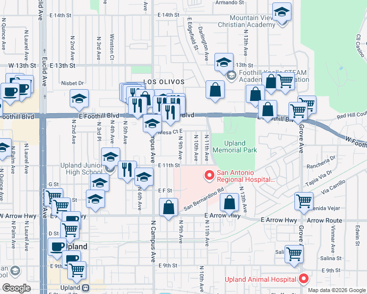 map of restaurants, bars, coffee shops, grocery stores, and more near 873 North 9th Avenue in Upland