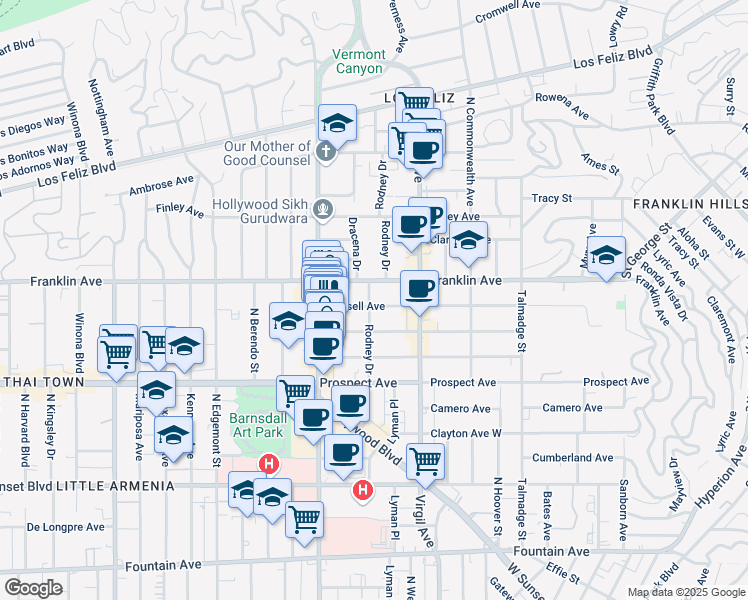 map of restaurants, bars, coffee shops, grocery stores, and more near 1850 Rodney Drive in Los Angeles