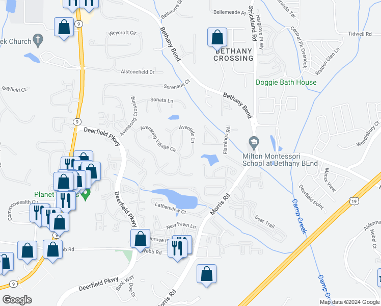 map of restaurants, bars, coffee shops, grocery stores, and more near 13487 Aventide Lane in Alpharetta