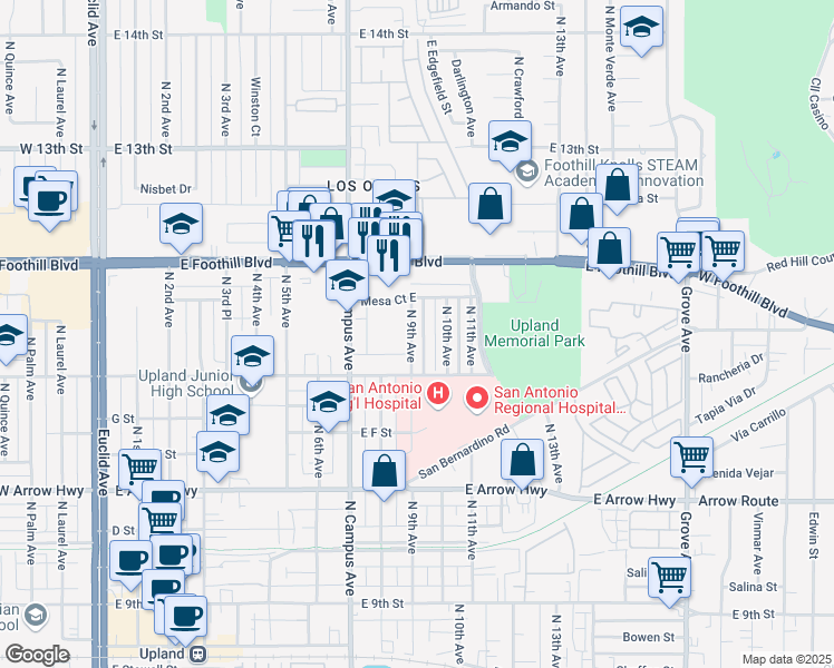 map of restaurants, bars, coffee shops, grocery stores, and more near 873 North 9th Avenue in Upland