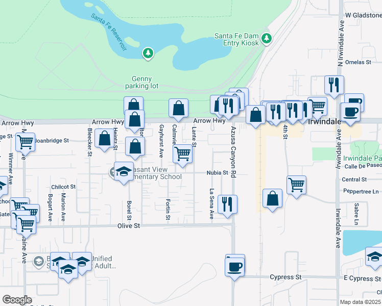 map of restaurants, bars, coffee shops, grocery stores, and more near 5049 Lante Street in Baldwin Park