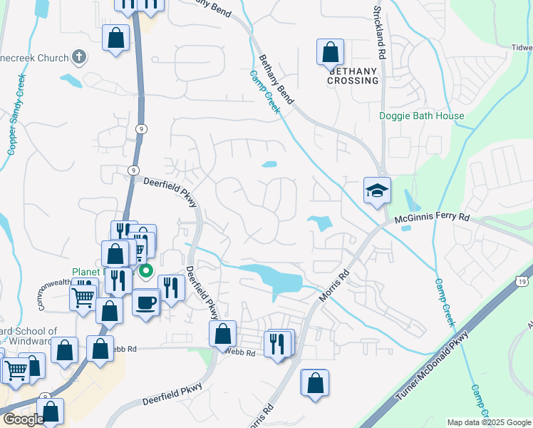 map of restaurants, bars, coffee shops, grocery stores, and more near 3491 Avensong Village Circle in Alpharetta