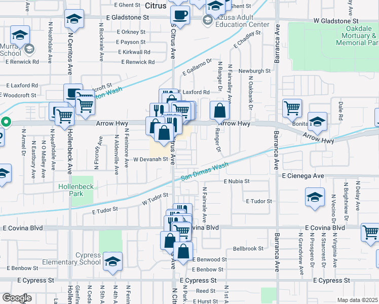 map of restaurants, bars, coffee shops, grocery stores, and more near 1380 North Citrus Avenue in Covina
