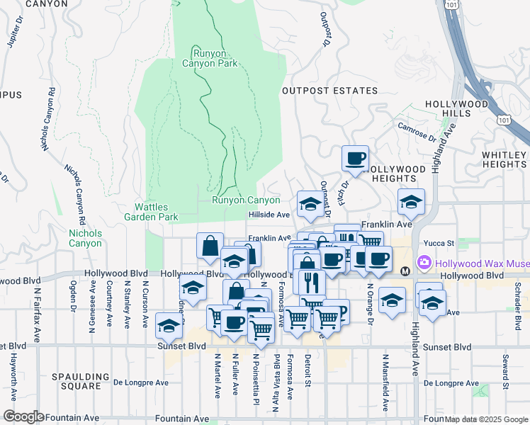 map of restaurants, bars, coffee shops, grocery stores, and more near 7245 Hillside Avenue in Los Angeles