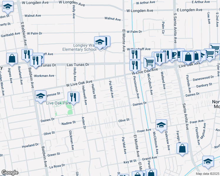 map of restaurants, bars, coffee shops, grocery stores, and more near 5601 Pal Mal Avenue in Temple City