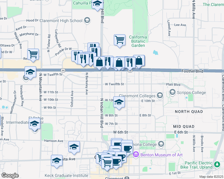 map of restaurants, bars, coffee shops, grocery stores, and more near 301 West 12th Street in Claremont