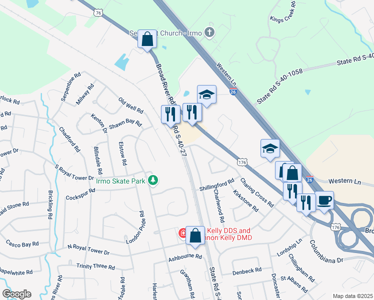 map of restaurants, bars, coffee shops, grocery stores, and more near 113 Charing Cross Road in Irmo