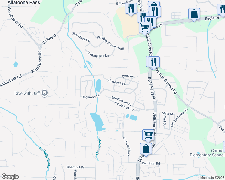 map of restaurants, bars, coffee shops, grocery stores, and more near 132 Sweetwater Circle in Acworth