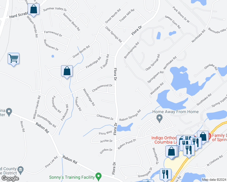 map of restaurants, bars, coffee shops, grocery stores, and more near 337 Flora Drive in Columbia
