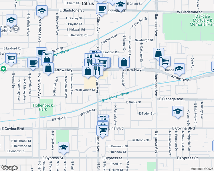 map of restaurants, bars, coffee shops, grocery stores, and more near 1380 North Citrus Avenue in Covina