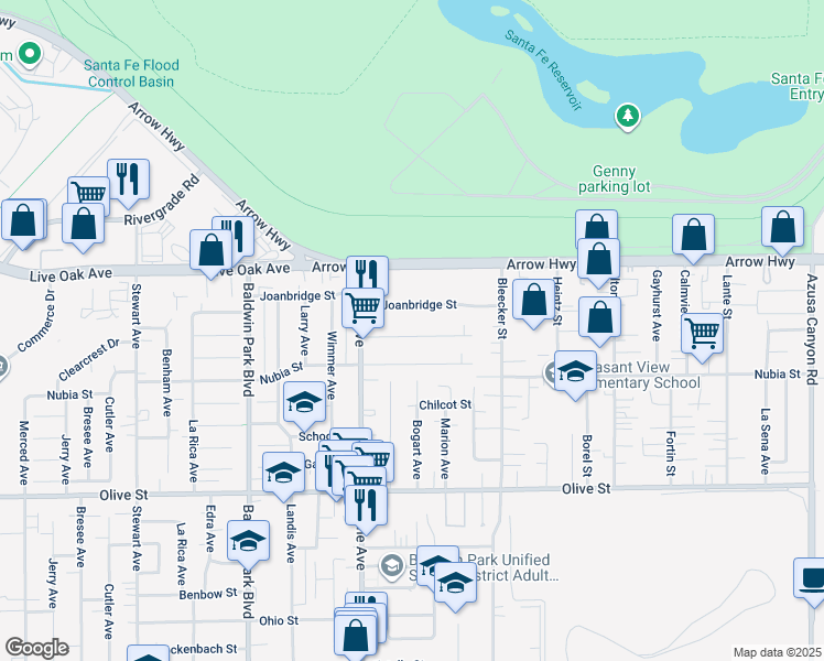 map of restaurants, bars, coffee shops, grocery stores, and more near 14510 East Joanbridge Street in Baldwin Park
