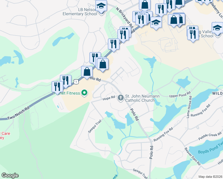 map of restaurants, bars, coffee shops, grocery stores, and more near 102 Coachtrail Court in Columbia