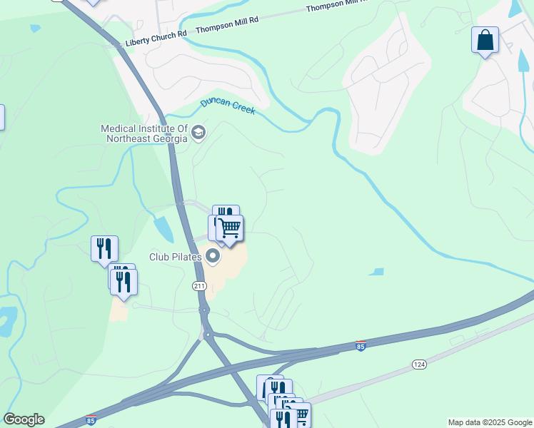 map of restaurants, bars, coffee shops, grocery stores, and more near 79 Berkeley Trace in Braselton