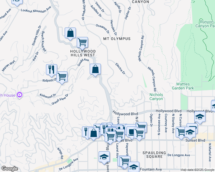 map of restaurants, bars, coffee shops, grocery stores, and more near 1836 Laurel Canyon Boulevard in Los Angeles