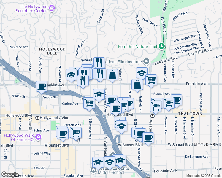 map of restaurants, bars, coffee shops, grocery stores, and more near 1902 North Van Ness Avenue in Los Angeles