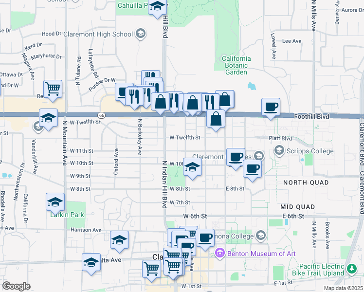 map of restaurants, bars, coffee shops, grocery stores, and more near 301 West 12th Street in Claremont