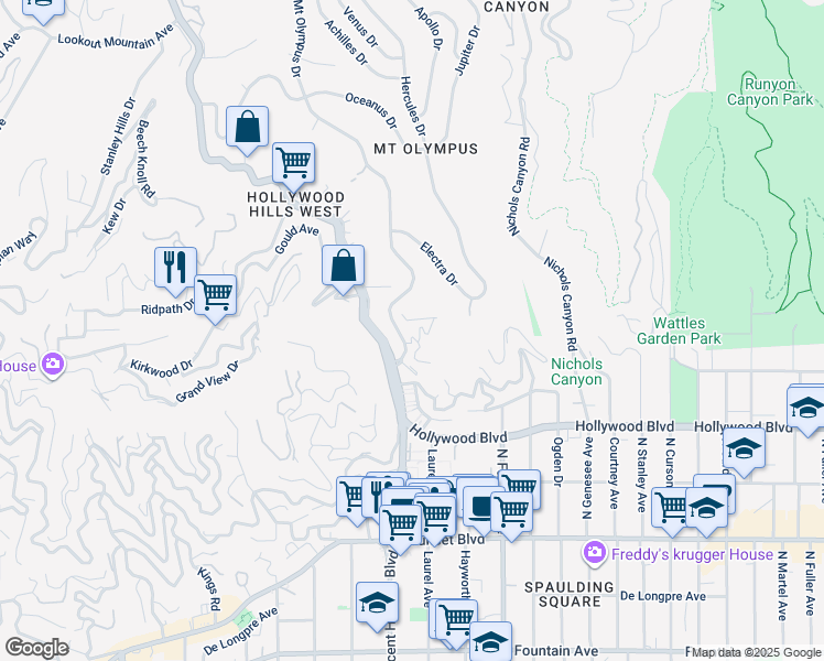 map of restaurants, bars, coffee shops, grocery stores, and more near 8061 Woodland Lane in Los Angeles