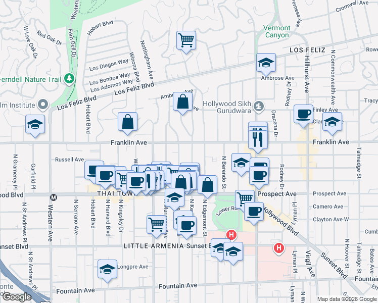 map of restaurants, bars, coffee shops, grocery stores, and more near 1839 North Kenmore Avenue in Los Angeles