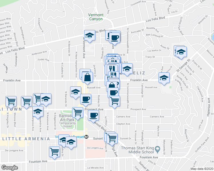 map of restaurants, bars, coffee shops, grocery stores, and more near 4525 Russell Avenue in Los Angeles