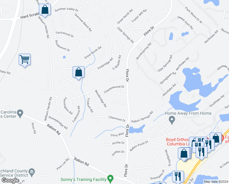 map of restaurants, bars, coffee shops, grocery stores, and more near 135 Chadwell Road in Columbia
