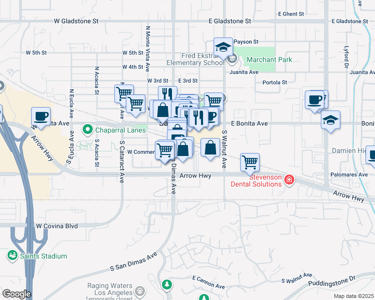 map of restaurants, bars, coffee shops, grocery stores, and more near 151 East Commercial Street in San Dimas
