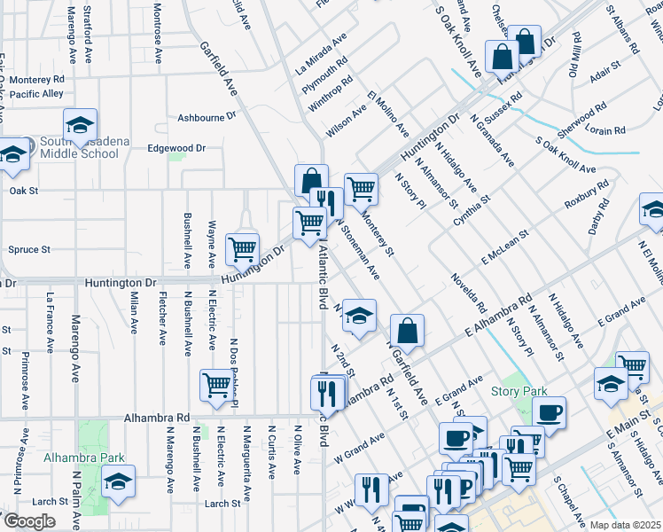 map of restaurants, bars, coffee shops, grocery stores, and more near in Alhambra
