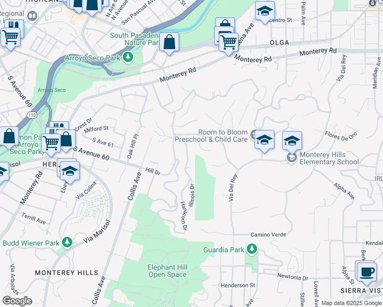 map of restaurants, bars, coffee shops, grocery stores, and more near 1742 Hanscom Drive in South Pasadena
