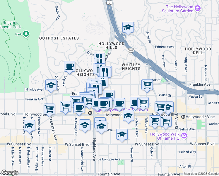 map of restaurants, bars, coffee shops, grocery stores, and more near 1825 North Las Palmas Avenue in Los Angeles