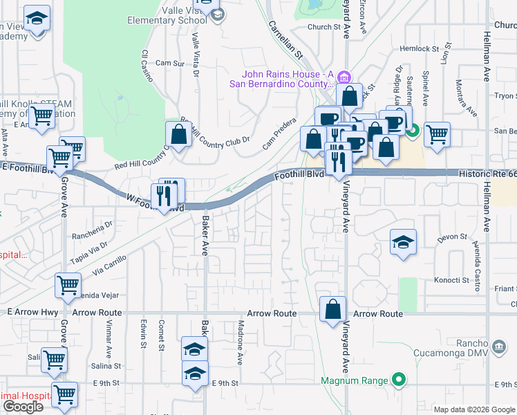 map of restaurants, bars, coffee shops, grocery stores, and more near 8651 Foothill Boulevard in Rancho Cucamonga