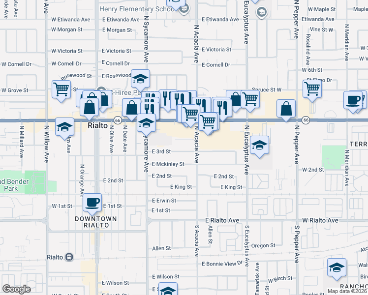 map of restaurants, bars, coffee shops, grocery stores, and more near 418 East Elm Court in Rialto
