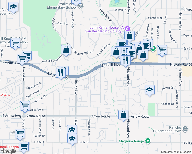 map of restaurants, bars, coffee shops, grocery stores, and more near 8651 Foothill Boulevard in Rancho Cucamonga