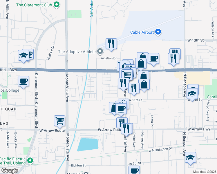 map of restaurants, bars, coffee shops, grocery stores, and more near in Upland