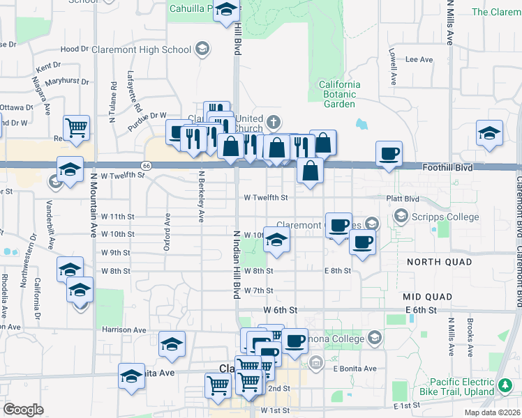 map of restaurants, bars, coffee shops, grocery stores, and more near 301 West 12th Street in Claremont