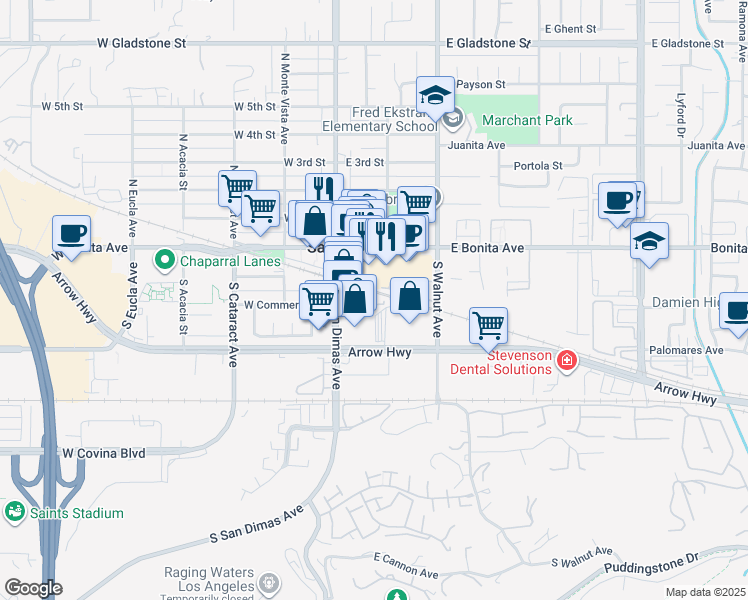 map of restaurants, bars, coffee shops, grocery stores, and more near in San Dimas