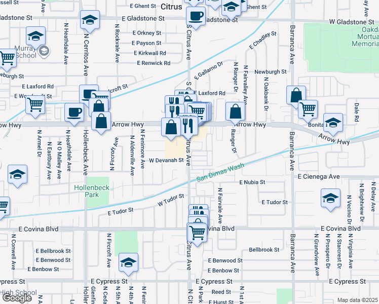 map of restaurants, bars, coffee shops, grocery stores, and more near 1430 North Citrus Avenue in Covina