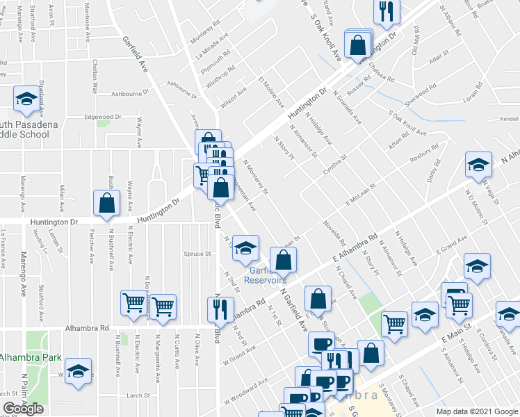 map of restaurants, bars, coffee shops, grocery stores, and more near 1100 North Stoneman Avenue in Alhambra