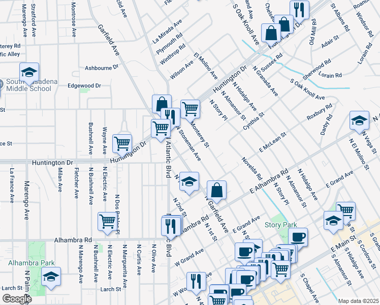 map of restaurants, bars, coffee shops, grocery stores, and more near 1100 North Stoneman Avenue in Alhambra
