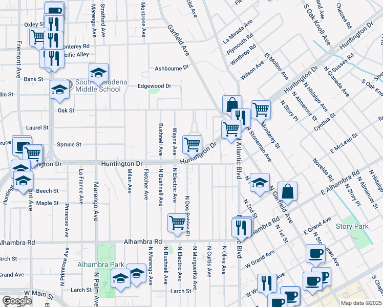 map of restaurants, bars, coffee shops, grocery stores, and more near 1806 Camden Avenue in South Pasadena
