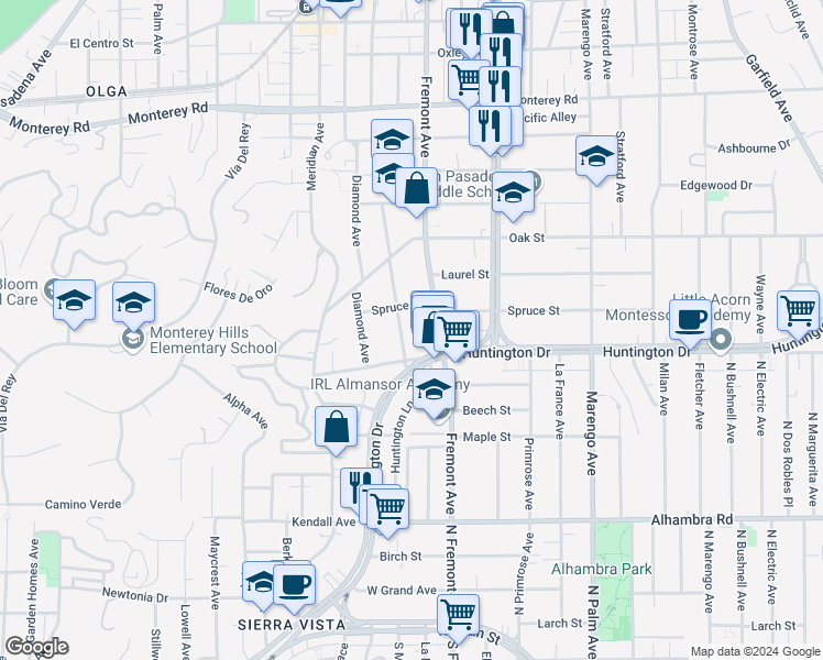 map of restaurants, bars, coffee shops, grocery stores, and more near in South Pasadena