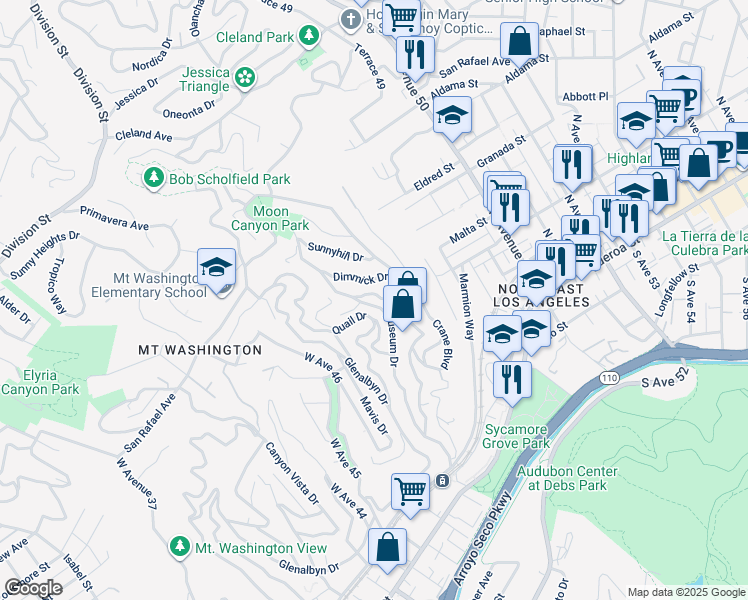 map of restaurants, bars, coffee shops, grocery stores, and more near 599 Dimmick Drive in Los Angeles