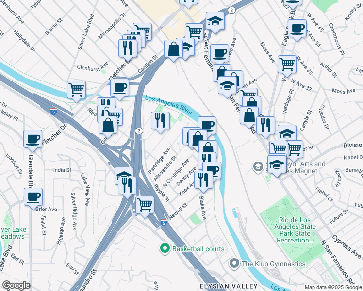 map of restaurants, bars, coffee shops, grocery stores, and more near 2921 Partridge Avenue in Los Angeles