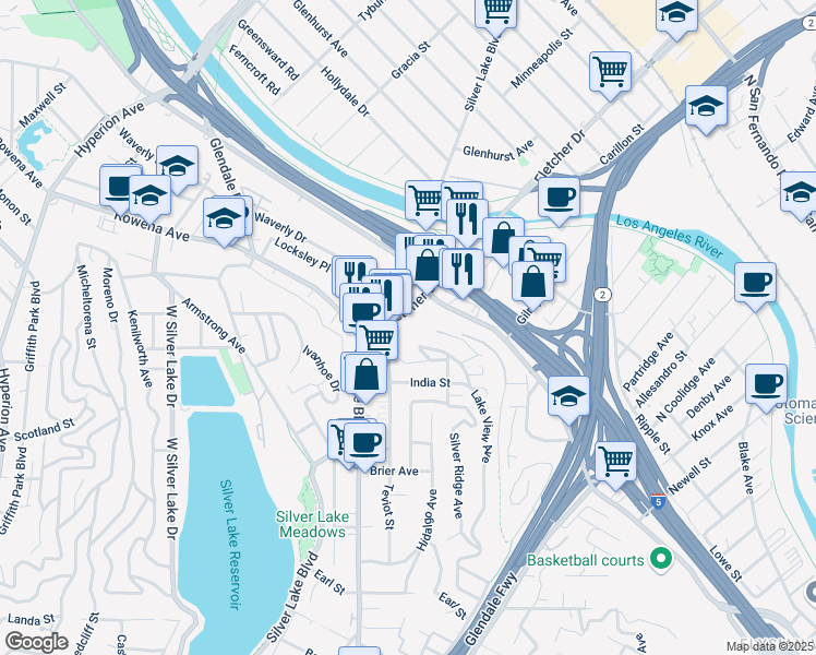 map of restaurants, bars, coffee shops, grocery stores, and more near 2466 Riverside Drive in Los Angeles