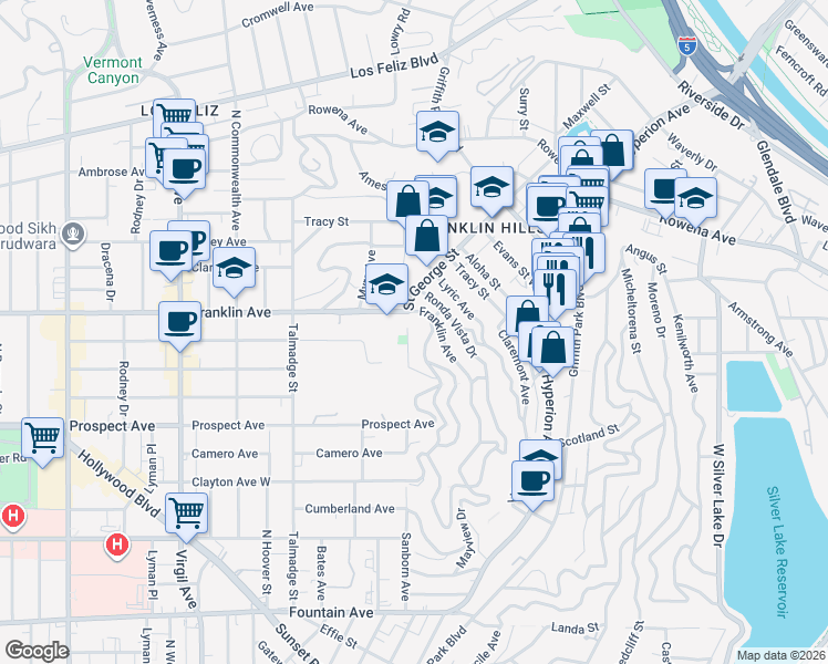 map of restaurants, bars, coffee shops, grocery stores, and more near 3957 Franklin Avenue in Los Angeles