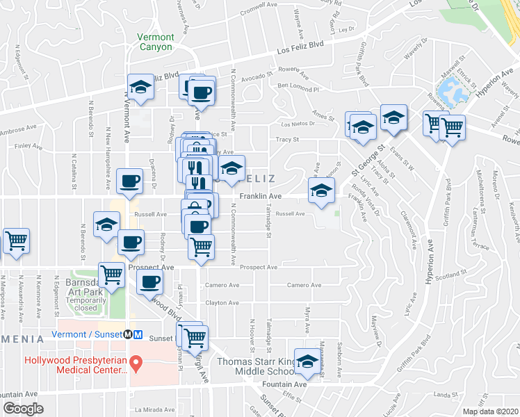 map of restaurants, bars, coffee shops, grocery stores, and more near 4325 Franklin Avenue in Los Angeles